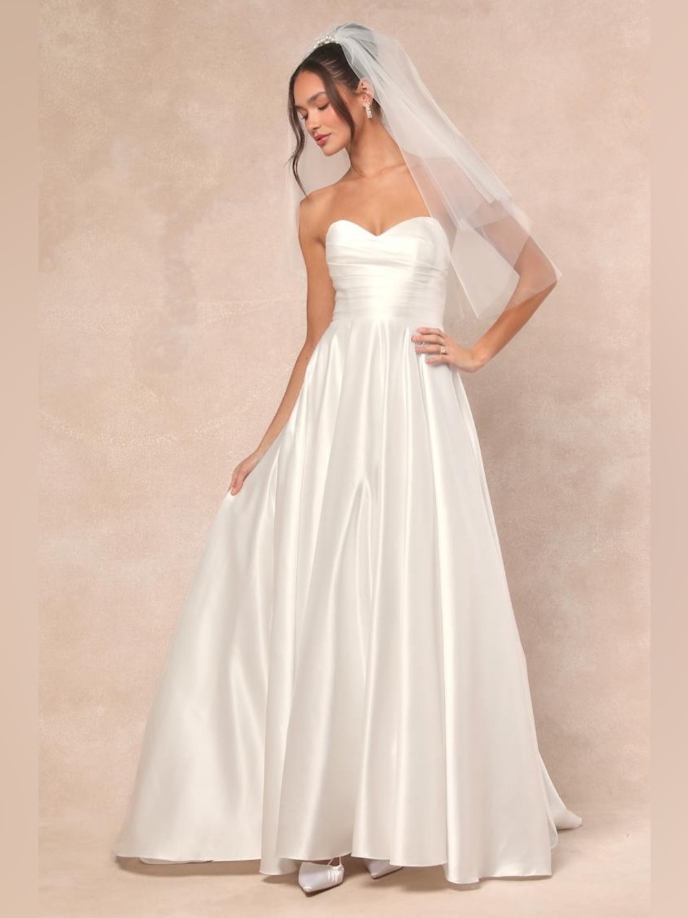 LULUS Khalida Satin Wedding Gown Small White Pleated Strapless Sweetheart Bridal